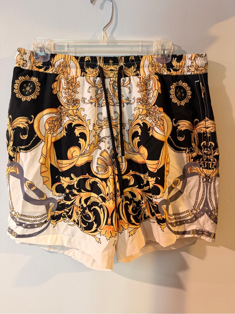 Men's Black & Gold Printed Swim Trunks